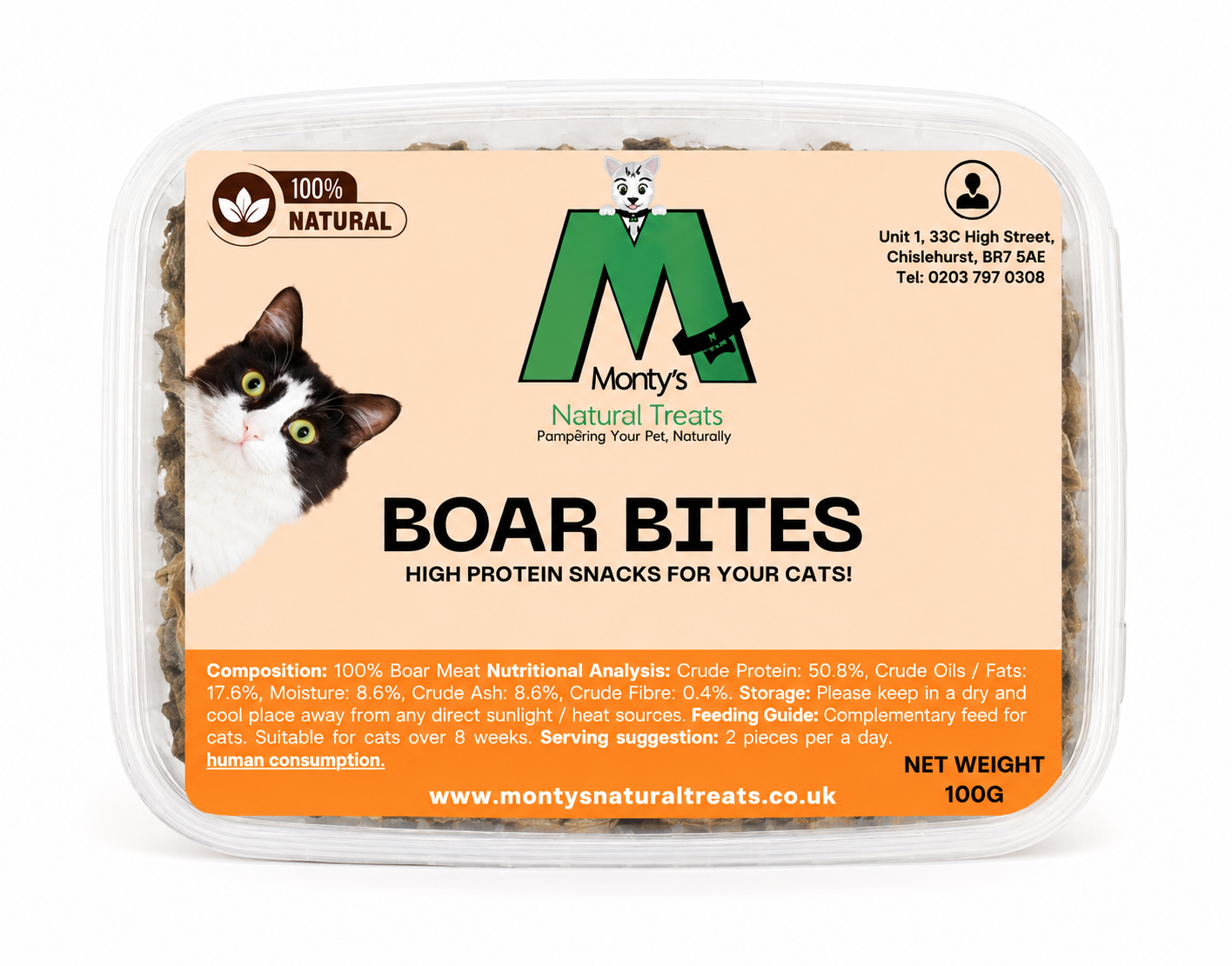 Natural Wild Boar Bites for Cats | 100% Boar Meat Cat Treats | High Protein Novel Protein Snack | 100g