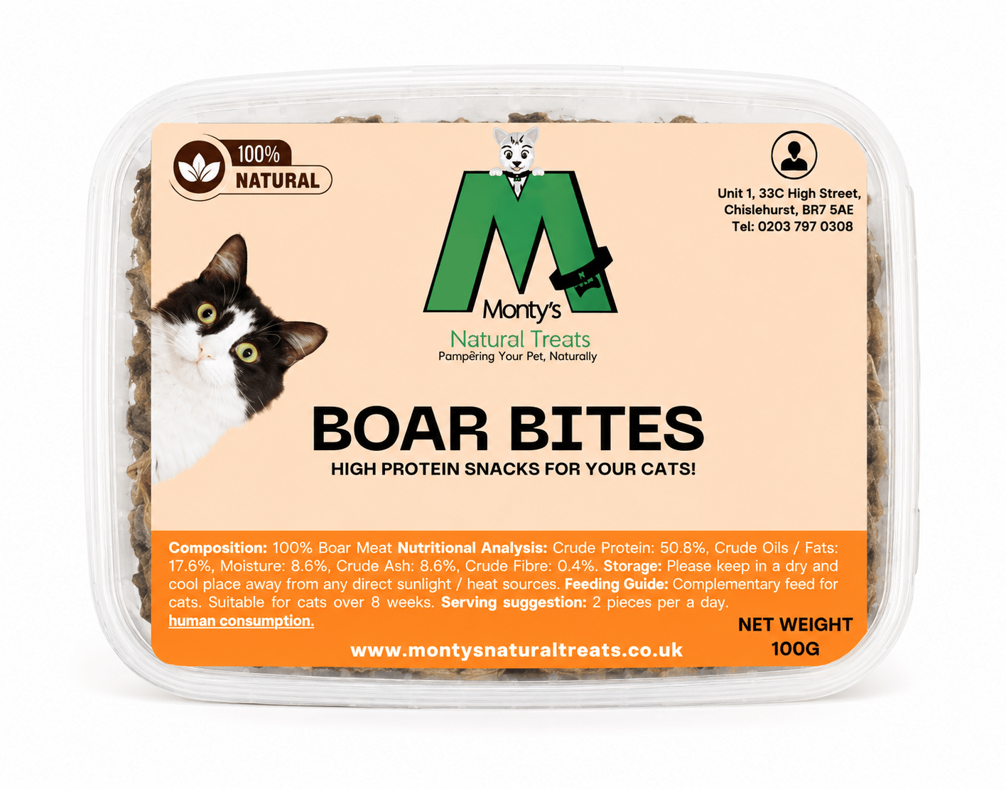 Natural Wild Boar Bites for Cats | 100% Boar Meat Cat Treats | High Protein Novel Protein Snack | 100g - Purrfect Pet Stop